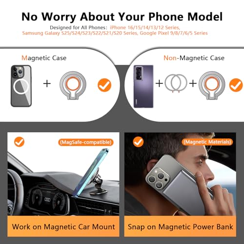 Magnetic Phone Grip Holder for MagSafe, Adjustable Finger Ring Loop Grip - color: Silver Orange