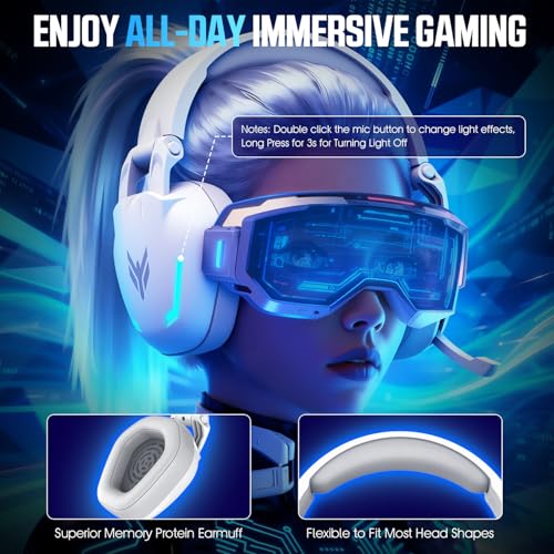 BENGOO G1 60H Wireless Gaming Headset with RGB Lights & Mic for PS5 PS4 PC - color: White