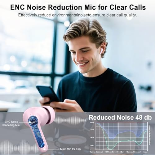 Bluetooth 5.4 Earbuds, 2026 Wireless Headphones 3D-Stereo Deep Bass Ear Bud, 4 ENC Noise Cancelling Mic, 40+Hrs USB-C Earphones, IP-X7 Waterproof Headset Sport Gym Workout for Laptop Pad Android iOS - color: C-Pink