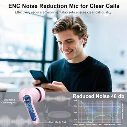 Bluetooth 5.4 Earbuds, 2026 Wireless Headphones 3D-Stereo Deep Bass Ear Bud, 4 ENC Noise Cancelling Mic, 40+Hrs USB-C Earphones, IP-X7 Waterproof Headset Sport Gym Workout for Laptop Pad Android iOS - color: C-Pink