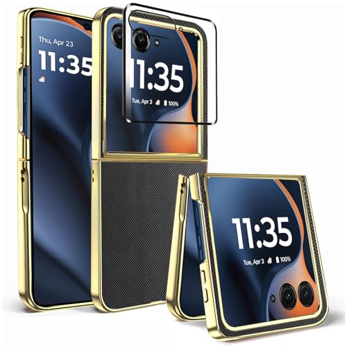 Fro Motorola Razr 2025/2024 leather case, [Front screen privacy film] electroplating frame, full body protection non-slip shockproof folding mobile phone case, Razr 2025/2024 leather case,Black