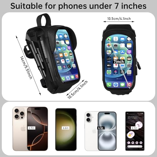Bike Front Frame Bag Waterproof with Phone Mount Holder | 2 in1 EVA Bicycle Top Tube Bag, Waterproof, Rain Cover, TPU Touch Screen, Tool-Free, Sun Visor, Fits Road, Mountain, E-Bikes