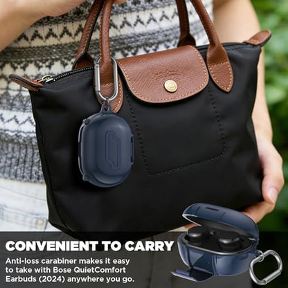 for Bose New QuietComfort Earbuds Case (2024), TPU Protective Cover with Phone Holder Stand & Double Safety Lock, Supports Wireless Charging, Includes Carabiner and Cleaning Pen (Navy Blue) - color: Navy Blue