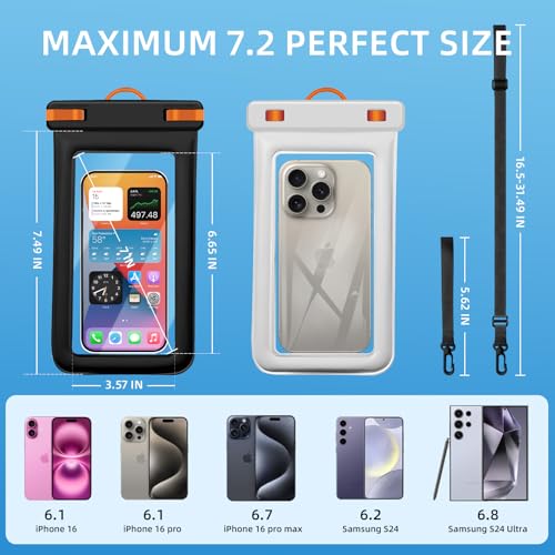 IPX8 Floating Waterproof Dry Bag 2-Pack,7.2 Inch Waterproof Phone Pouch for iPhone 16/15/14 Pro Max Galaxy S24/S23 Adjustable Lanyard + Wrist Strap Beach Swimming Travel Essentials - color: black+white+ Orange