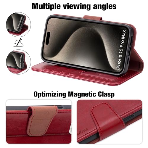 Arae Compatible with iPhone 15 Pro Max Case with Card Holder and Wrist Strap Wallet Flip Cover for iPhone 15 Pro Max 6.7 inch,Wine Red - color: Wine Red, size: iPhone 15 Pro Max 6.7 inch