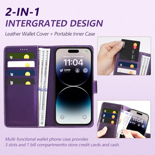 2 in 1 PU Leather for iPhone 14 Plus/15 Plus Case, Detachable Wallet Case with Card Holder, Removable Flip Folio Cover with RFID Blocking, Stand Shockproof Phone Cover（Compatible with MagSafe） Purple - color: Purple, size: Iphone 14 plus / 15 plus