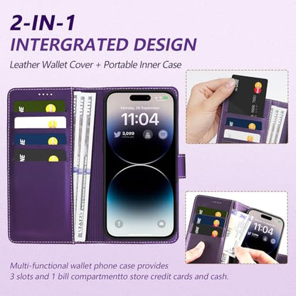 2 in 1 PU Leather for iPhone 14 13 Case, Detachable Wallet Case with Card Holder, Removable Flip Folio Cover with RFID Blocking, Stand Shockproof Phone Cover（Compatible with MagSafe） Purple - color: Purple, size: Iphone 14 / 13