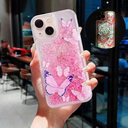 Compatible with iPhone 14 Glitter Butterfly Case Glow in The Dark Women Girls Girly Bling Sparkle Flowing Quicksand Light up Case Soft TPU Bumper Luminous Clear Phone Cover, Pink - color: Pink, size: iPhone 14