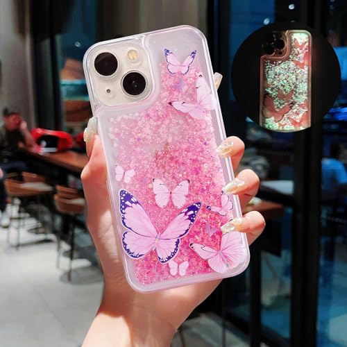 Compatible with iPhone 13 Glitter Butterfly Case Glow in The Dark Women Girls Girly Bling Sparkle Flowing Quicksand Light up Case Soft TPU Bumper Luminous Clear Phone Cover, Pink - color: Pink, size: iPhone 13