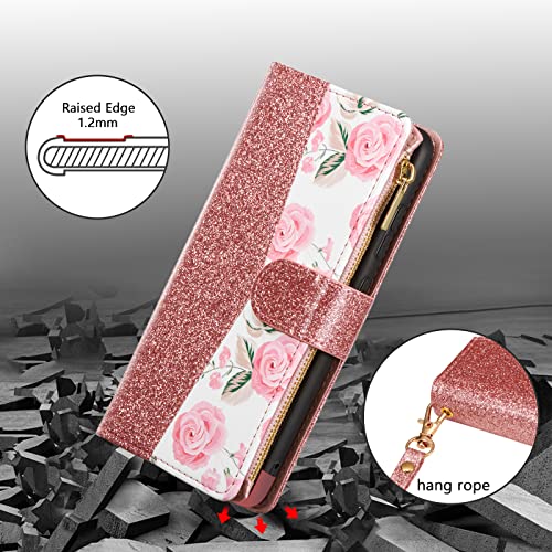 UEEBAI Wallet Case for Samsung Galaxy S24 Plus/S25 Plus 5G, PU Leather Wallet Magnetic Closure Handbag Zipper Pocket Cover Kickstand Card Slots with Hand Strap Rose Flip Case Women - Bling Rose Gold - color: Bling Rose Gold, size: Samsung Galaxy S24 Plus/