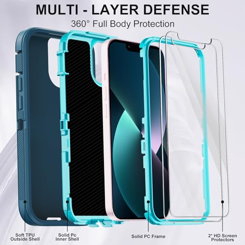 for iPhone 13 Case with 2 Screen Protector,Shockproof Drop Protection Full Body Heavy Duty 3 Layer Military Rugged Durable Phone Cover for Apple iPhone 13 6.1" (Teal) - color: Teal