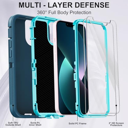 for iPhone 13 Case with 2 Screen Protector,Shockproof Drop Protection Full Body Heavy Duty 3 Layer Military Rugged Durable Phone Cover for Apple iPhone 13 6.1" (Teal) - color: Teal