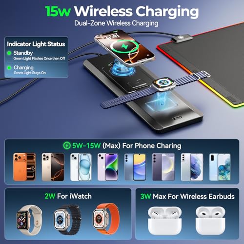 KDD RGB Mouse Pad with Wireless Charging - Desk Mat with Phone Holder and 15W Fast Charger - Gaming Mousepad with Ultra-Smooth Surface, Non-Slip Base - Keyboard Mat for Home Office Gamer Accessories - size: Large