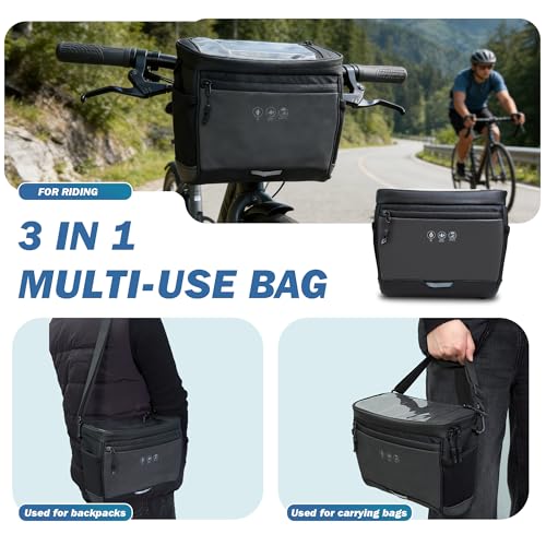 Bike Handlebar Bag with Rain Cover, Bicycle Front Phone Bag with Touch Screen, Adjustable Shoulder Waterproof Dual Zippers Insulated Basket Bag for Mountain Road Bike, Cycling Accessories