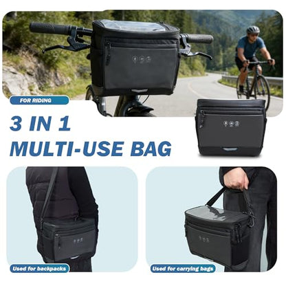 Bike Handlebar Bag with Rain Cover, Bicycle Front Phone Bag with Touch Screen, Adjustable Shoulder Waterproof Dual Zippers Insulated Basket Bag for Mountain Road Bike, Cycling Accessories