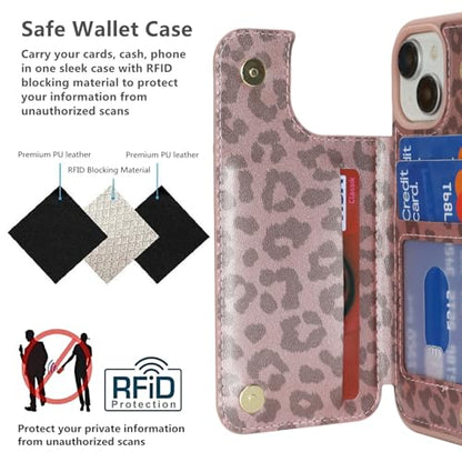 iCoverCase Compatible with iPhone 14 Case with Card Holder, Wallet Case for Women Men RFID Blocking PU Leather Protective Phone Case 6.1 Inch (Rose Gold Leopard) - color: Rose Gold Leopard
