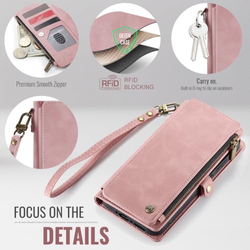 Defencase for Samsung Galaxy A37 5G Wallet Case with Card Holder, Rose Pink | RFID Blocking, Zipper Pocket, Durable PU Leather, Wrist Strap, Fashion Snap Flip Phone Cases Cover with Stand for Women Men - color: Pink