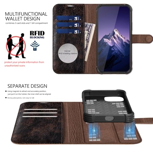 Leather Case Compatible with iPhone 16 Pro Wallet 6.3" | Genuine Leather 2-in-1 Magnetic Detachable Shockproof,Flip Folio Cover with Card Slot,RFID Blocking Brown Coffee - color: Brown Coffee, size: 16 Pro