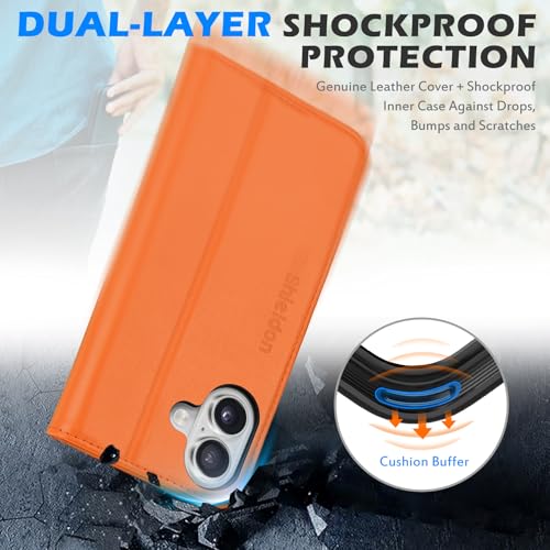 SHIELDON Genuine Leather Flip Wallet Case for iPhone 17 6.3" 2025, Orange | Magnetic Closure, RFID Blocking, Credit Card Holder, Viewing Stand, Foldable Design, Shockproof Protective Cover - color: Orange