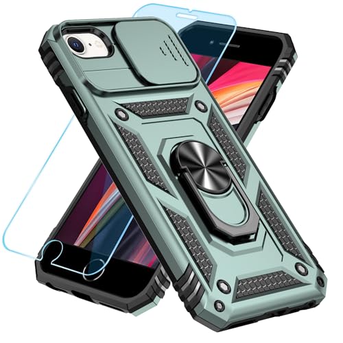 SunStory Compatible with iPhone SE 2022/2020/3rd/2rd / 6/7/8 Case with HD Screen Protector & Slide Camera Cover & Kickstand, [Military-Grade] Phone Case for iPhone SE 2020/2022/6/7/8 (Green) - color: Green