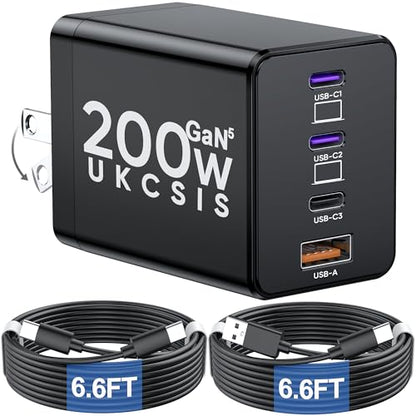 200W USB C Charger Block, Foldable 4-Port GaN5 Super Fast Charger USB C - color: Black, size: 1 Pack