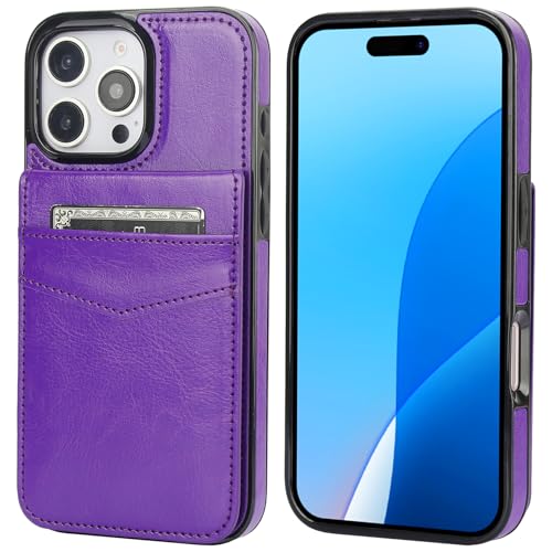 KIHUWEY for iPhone 16 Pro Wallet Case Card Holder Kickstand, Dark Purple | Credit Card Slots, PU Leather, Magnetic Clasp, Flip Heavy Duty Protection Cover for Men and Women - color: Dark Purple