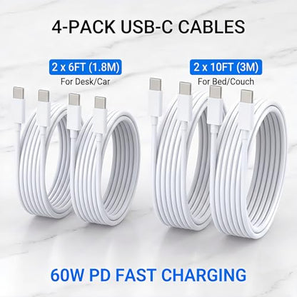 TZBAY 4-Pack (6ft 6ft 10ft 10ft) 60W USB C to USB C Fast Charging Cable - color: White 2x6ft+2x10ft