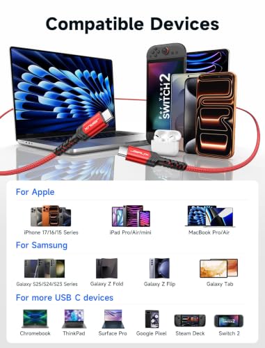 JSAUX 100W USB C to USB C Cable, 2-Pack 6.6FT, 5A Fast Charging, Red - color: Red, size: 6.6 ft+6.6 ft