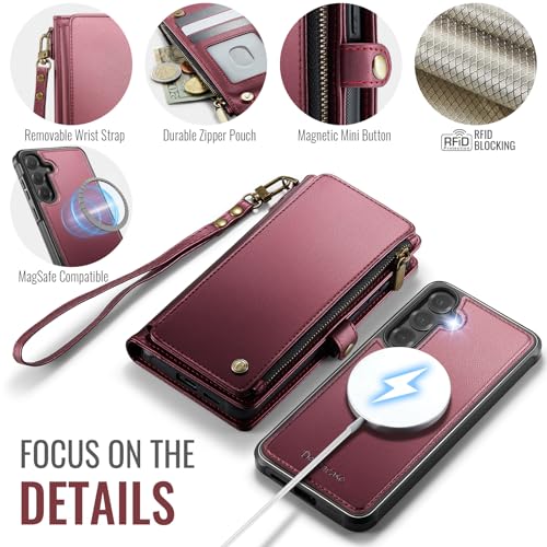 Defencase for Galaxy S25 Plus Case Wallet Compatible with Magsafe, Wine Red | Magnetic Detachable, RFID Bolcking Card Holder, Zipper Strap, PU Leather Drop-Proof Phone Cover for Samsung Galaxy S25+/Plus - color: (Detachable with Magsafe)-Wine Red