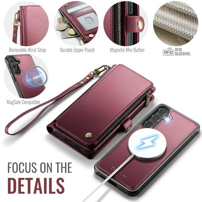 Defencase for Galaxy S25 Case Wallet Compatible with Magsafe 6.2", Wine Red | Magnetic Detachable, with RFID Bolcking Card Holder, Zipper Strap, PU Leather Drop-Proof Phone Cover for Samsung Galaxy S25 - color: (Detachable with Magsafe)-Wine Red