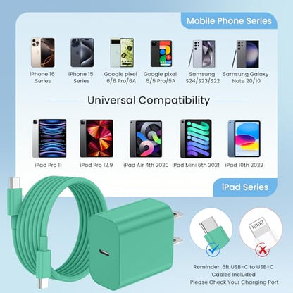 20W iPhone Charger Fast Charging 3-Pack with 6FT USB C to USB Cable, Green - color: Green
