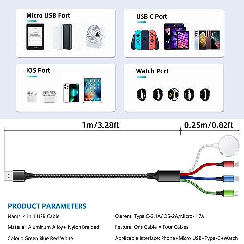 Travel Essentials 4 in 1 iWatch & iPhone Charger,Multi Charging Cable for Apple Watch Charger USB C Micro Nylon Compatible with iWatch Ultra/SE/10/9/8/7/6/5/4/3/iPhone 16/15/14/13 Galaxy Phone(4FT) - size: 4ft