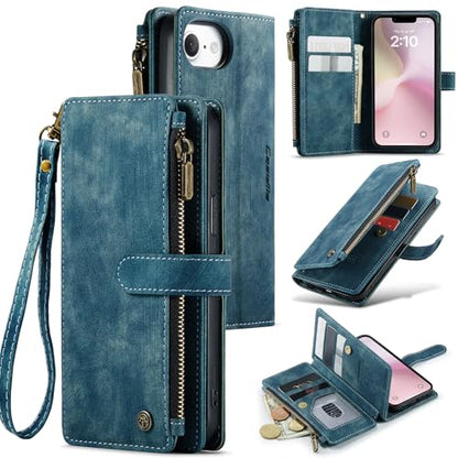 Compatible with iPhone 16e/17e Wallet Case,with Card Holder Kickstand Magnetic Zipper Pocket Lanyard Strap Wristlet,Leather Flip Case Wallet for iPhone 16e/17e 6.1 Inch(Blue) - color: Blue, size: iPhone 16E/17E 6.1 Inch