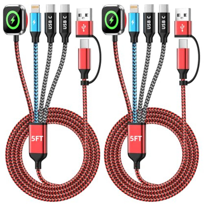 Travel Essentials 4 in 2 Multi Charging Cable for iWatch Charger 2Pack,5FT - color: Red&Black&Blue, size: AC to 2C+L+iWatch