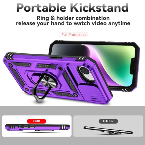 for iPhone 17E / iPhone 16E Case, with Camera Lens Cover HD Screen Protector, Dual Layer Military-Grade Drop Tested Magnetic Ring Holder Kickstand Protective Phone Case for iPhone 16E / 17E (Purple) - color: Purple with camera cover Military-Grade 2nd gen