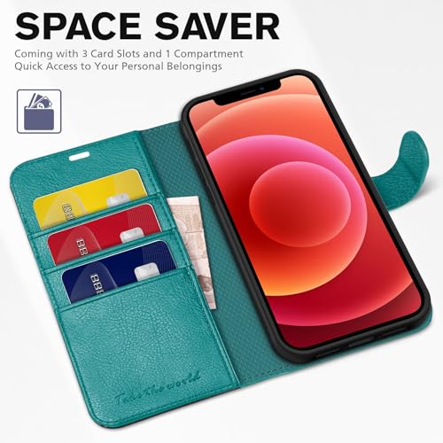 TUCCH Case Wallet for iPhone 12/12 Pro 6.1" 2020, RFID Blocking Folio, Cyan | 3 Card Holders, Kickstand, PU Leather, Magnetic Closure, Shockproof TPU Shell, Protective Flip Cover - color: Cyan - Textured