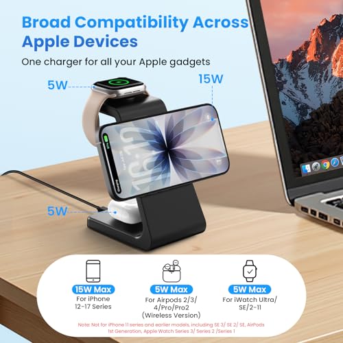 15W Charging Station for iPhone 17: JoyGeek 3-in-1 Fast Wireless & Magnetic Charger for Magsafe, iPhone 17-12, Apple Watch Ultra 2-11 & AirPods 2-4, Includes 30W PD Adapter - color: Matte Black