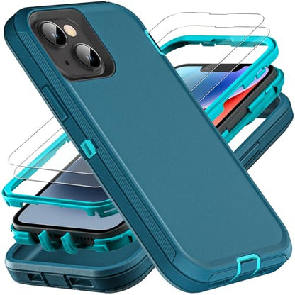 YKHJKLEC Military Grade 3 in 1 Heavy Duty Case for iPhone 13/14 - Shockproof, Drop Proof, Dust Proof With 2Pcs Tempered Glass Screen Protector (Blue/Turquoise) - color: Blue/Turquoise