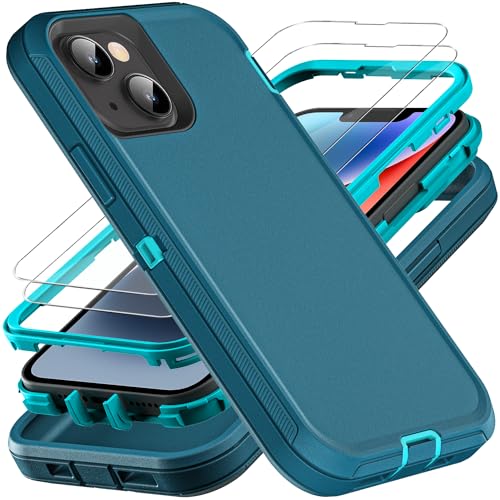 YKHJKLEC Military Grade 3 in 1 Heavy Duty Case for iPhone 13/14 - Shockproof, Drop Proof, Dust Proof With 2Pcs Tempered Glass Screen Protector (Blue/Turquoise) - color: Blue/Turquoise