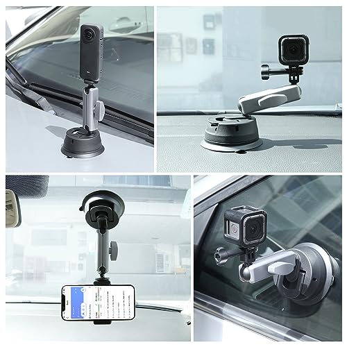 PULUZ Car Suction Cup Mount 360° Rotation Windshield & Window Camera Bracket for GoPro Hero 11 10 9 8 7 Insta360 X3 DJI Action Camera Accessories with Phone Holder with 1/4 Thread
