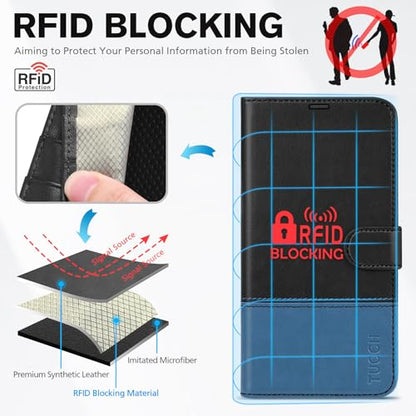 TUCCH Wallet Case for iPhone 14 6.1" 2022, 4 Card Slots, Black & Light Blue | RFID Blocking, Viewing Stand, Shockproof TPU Shell, PU Leather, Magnetic Closure, Protective Folio Flip Cover - color: Black & Light Blue