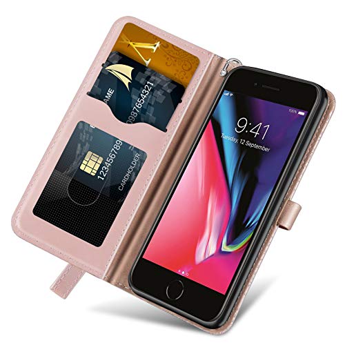 Wallet Case for iPhone 7 Plus/iPhone 8 Plus with Card Holder/Slot,PU Leather Flip Folio Shell [Magnetic Closure][Wrist Strap][Kickstand] Shockproof Cover Fit iPhone 7 Plus / 8 PlusRose Gold - color: Rose gold, size: iPhone 7 Plus / iPhone 8 Plus (5.5 inch
