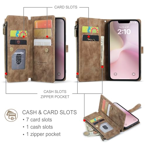 Compatible with iPhone 16e/17e Wallet Case,with Card Holder Kickstand Magnetic Zipper Pocket Lanyard Strap Wristlet,Leather Flip Case Wallet for iPhone 16e/17e 6.1 Inch(Brown) - color: Brown, size: iPhone 16E/17E 6.1 Inch