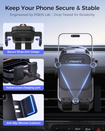 PISEN Dashboard Car Phone Mount - One Press Lock Dash Phone Holder for Car, 360° Rotating One-Button Release Dash Car Phone Holder, Strong Suction Dashboard Car Phone Mount for Most Smartphone (Black)