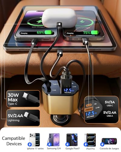 4 in 1 Retractable Car Charger, USB C Fast Charging Adapter, Gold - color: Gold