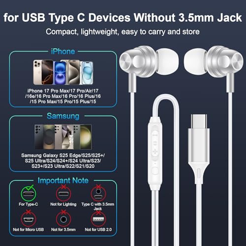 USB C Google Headphones Wired Earbuds for Google Pixel 11 10 Pro XL/Fold - color: White