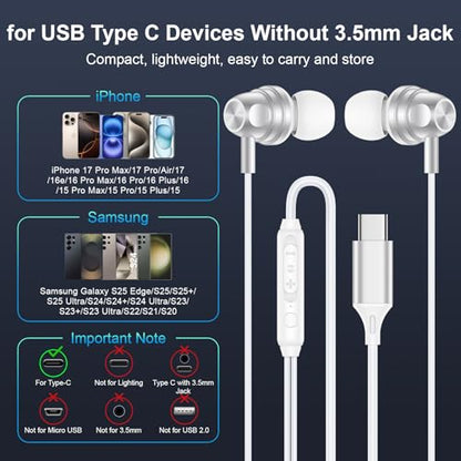 USB C Google Headphones Wired Earbuds for Google Pixel 11 10 Pro XL/Fold - color: White
