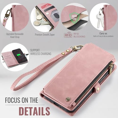 Defencase for Samsung Galaxy S24 Wallet Case with RFID Card Holder, Pink | Durable Soft PU Leather, with Zipper Pocket, Wrist Strap, Fashion Snap Flip S24 Phone Cases Cover with Stand for Women Men - color: Rose Pink