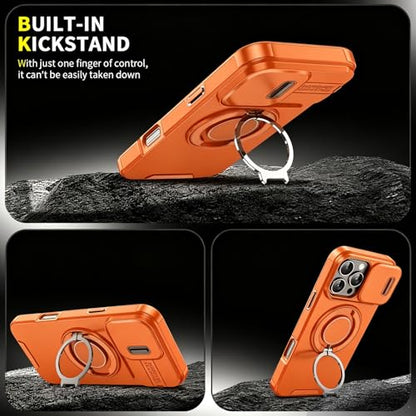 Rugged Shockproof Case for iPhone 17 Pro Max, Heavy Duty Protective Phone Case with Slide Camera Cover, 360° Rotatable Ring Stand & Magnetic Car Mount Compatible (Yellow,iPhone 17 Pro Max) - color: Yellow