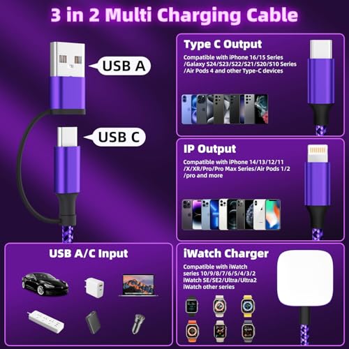 Travel Essentials 3-in-2 Multi Charging Cable for Apple Watch Charger, 5FT - color: Dark Purple&Black, size: AC to C+L+iWatch